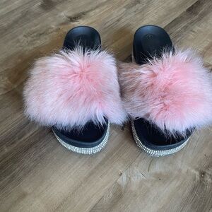 Fuzzy Pink Slide Sandals with Rhinestone Trim